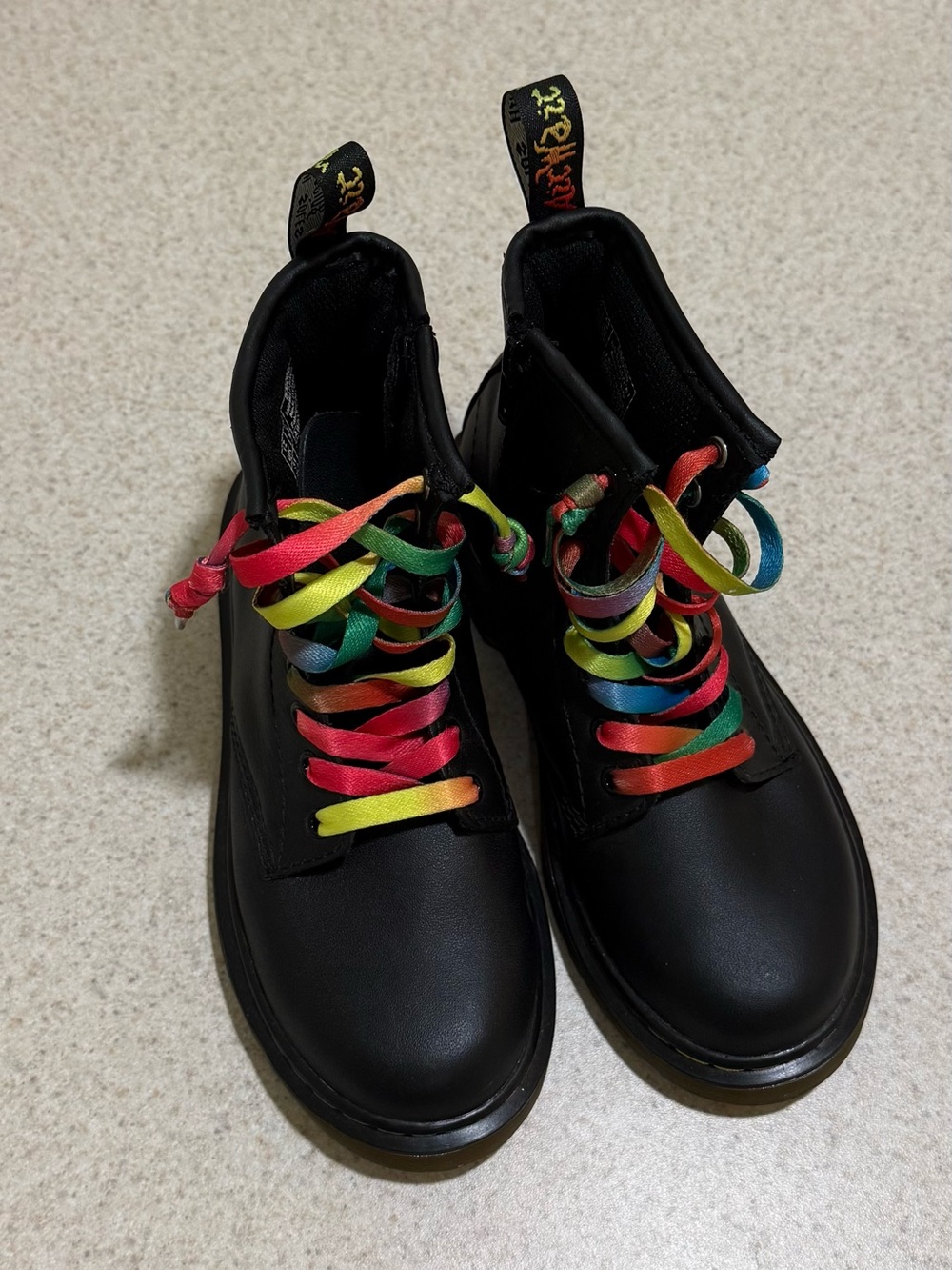Dr. Martens Kids Black Boots with Rainbow Satin Laces